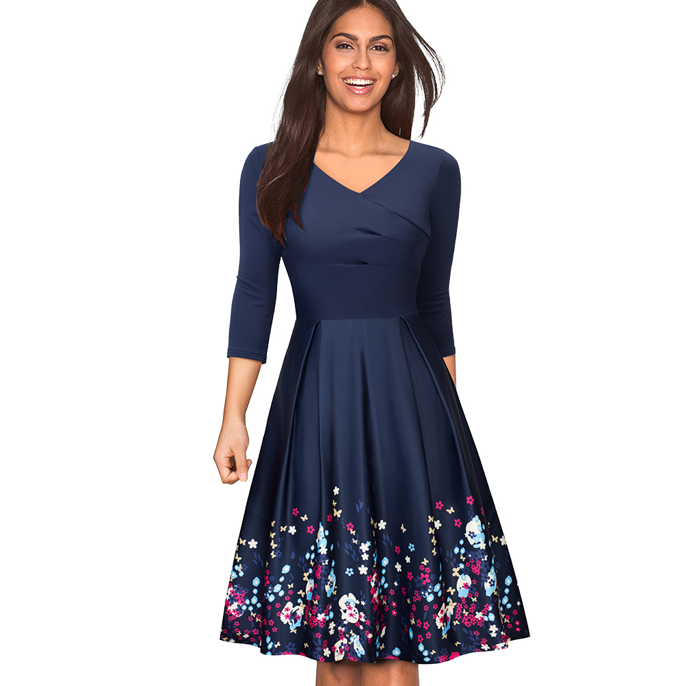 Women Floral Print Dark Blue Casual Party Business Skater Dress Elegant V-Neck Autumn Office Work A-Line Dress EA129