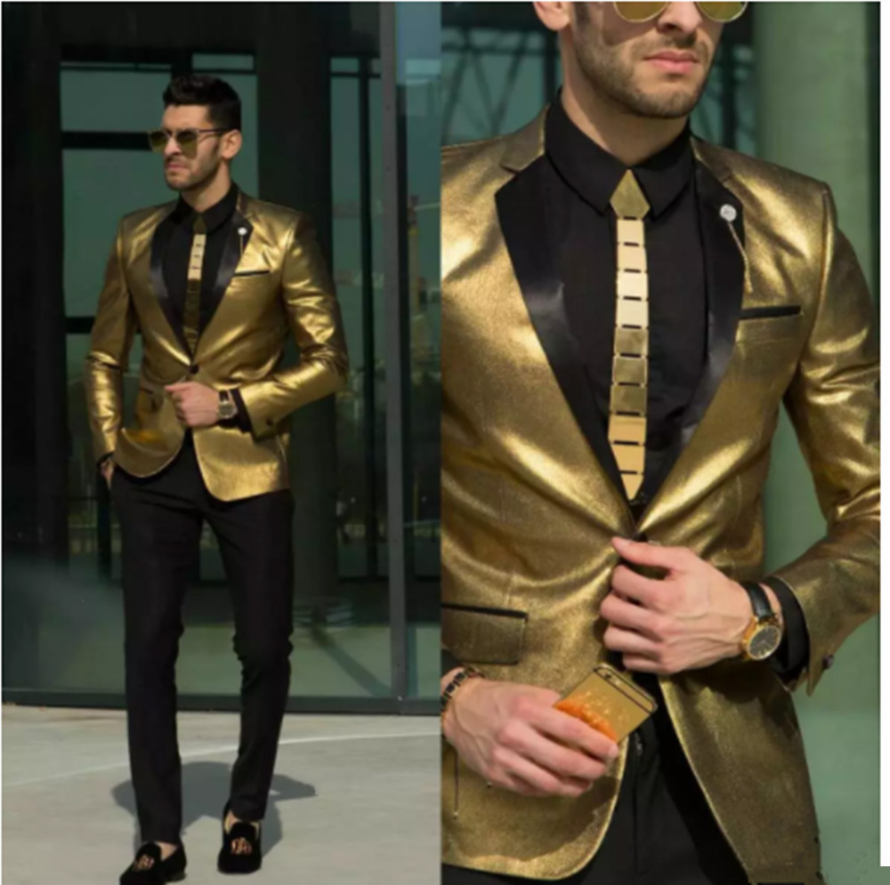 

Solove 018 New Gold Wedding Men Suit Tuxedos Two Pieces Slim Fit Bridegroom One Button Suit, Navy