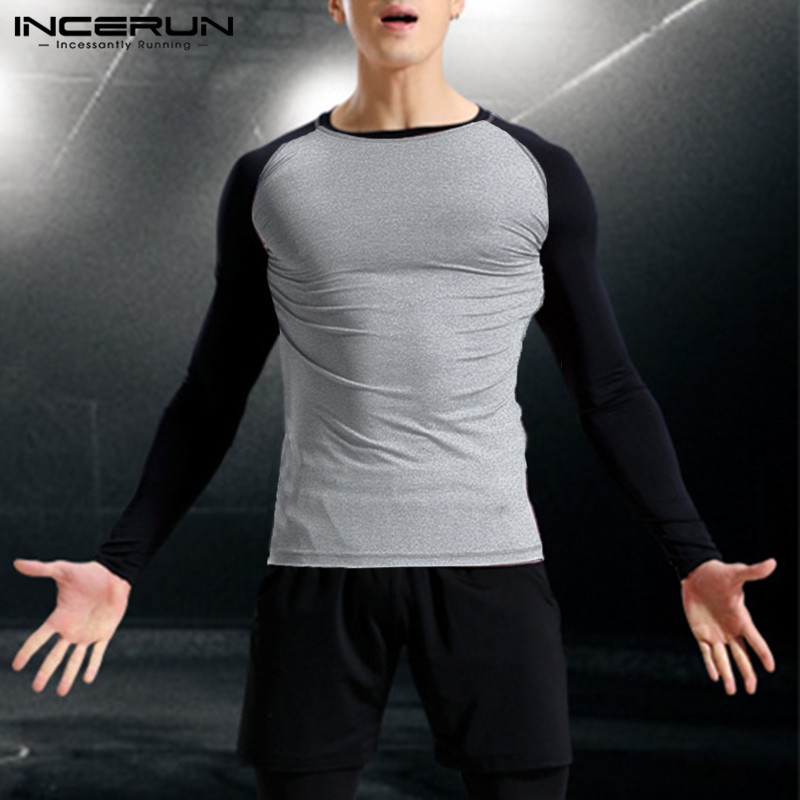 

INCERUN Fashion Mens Bodybuilding T-Shirts Long Sleeve O Neck Joggers Workouts Slim Fit Tees Patchwork Tops, Blue men t shirts
