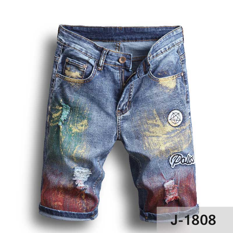 

Men Short jeans Color Painting biker Pants Skinny Ripped holes Men's Denim Shorts Designer jeans, J-2188