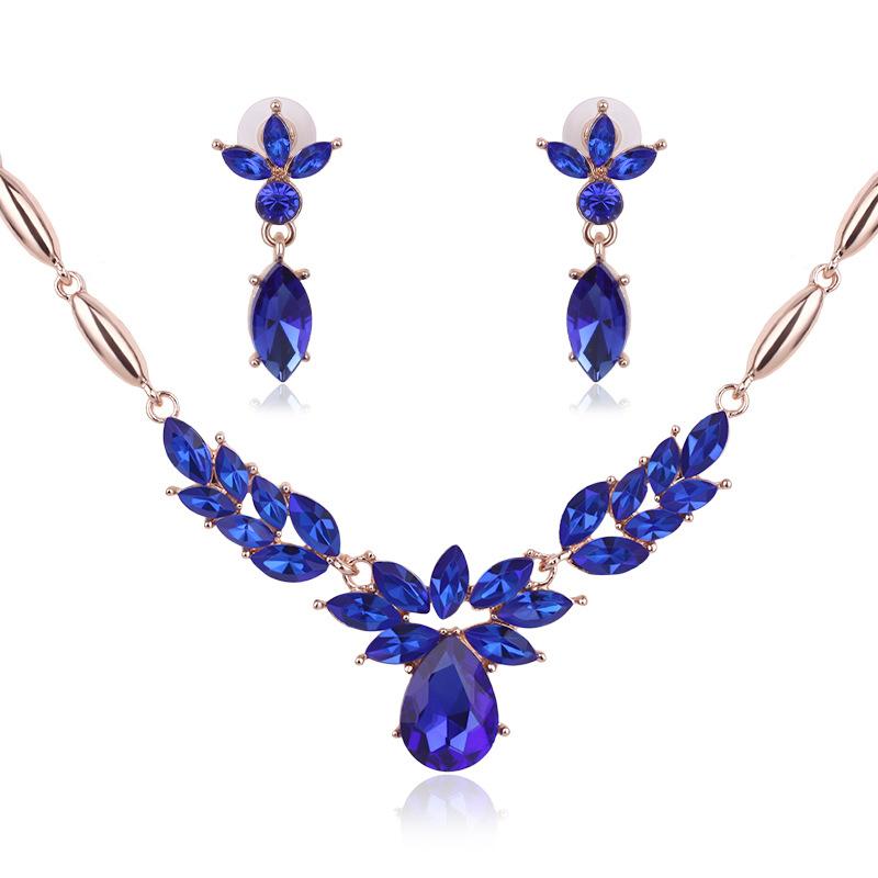 

Blue Jewelry Gold Plated Necklace Set Fashion Flowers Diamond Wedding Bridal Costume Jewelry Sets Party Ruby Jewelrys(Necklace + Earrings), Dark blue