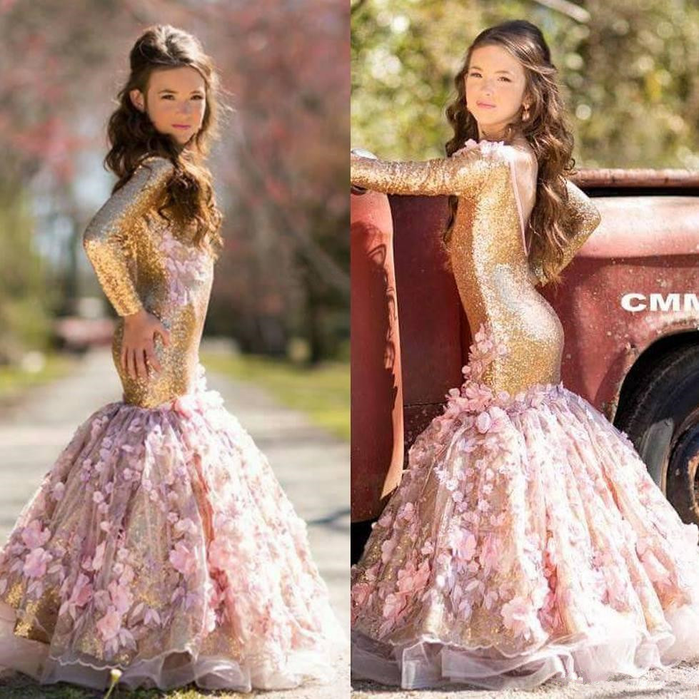 

Sparkling Sequined Little Girl's Pageant Dresses Long Sleeves V Backless Handmade Flowers Flower Girls Dresses for Weddings, Pink