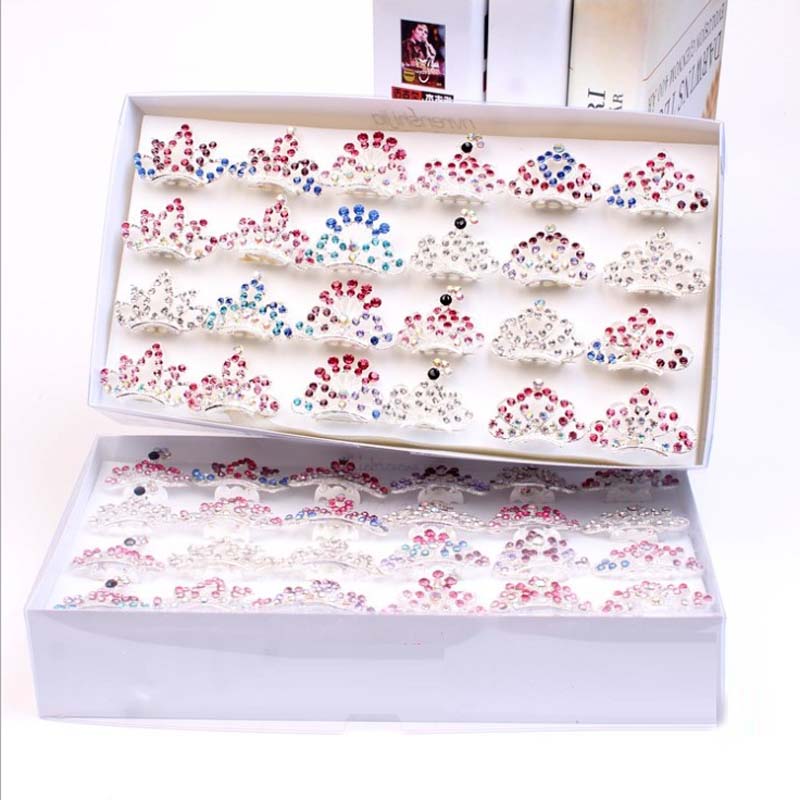 240pcs 4cm Princess Mini Crown Tiara Pin with Box Pink Crystal Girls Hair Jewelry Flower Girls Party Hair Accessories-image-416089572