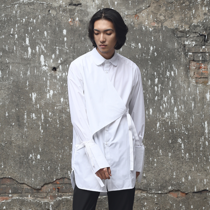

6XL! 2018 New men's clothing Hair Stylist Original fashion Catwalk Loose Ribbon long sleeve long Shirt plus size costumes, Black
