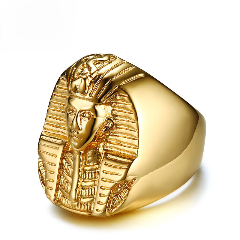 

Pharaoh Shaped Mens Gold Rings Finger Stainless Steel Gold Plated Rock Punk Ancient Egypt Male Cool Jewelry Rings US Size 9-13