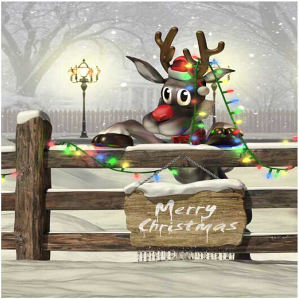 

Merry Christmas Photo Backdrop Printed Wooden Fence Cartoon Elk Colorful Light Falling Snowflakes Winter Snow Scenic Backgrounds