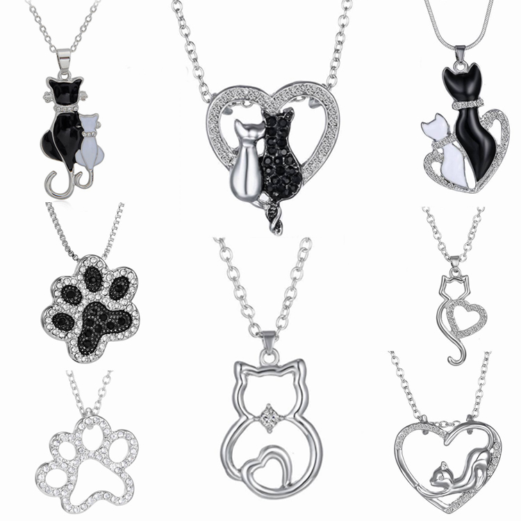

Cute Cat Paw Black White 2 cat On Heart Crystal Pendant Necklace For Women Girl Gift