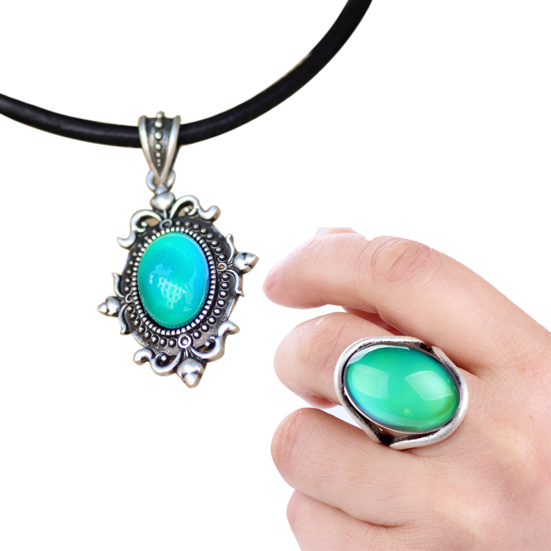 

Womens Fashion Jewelry Set Mood Pendant Leather Chain Neckalce Color Change Silver Ring for Sale