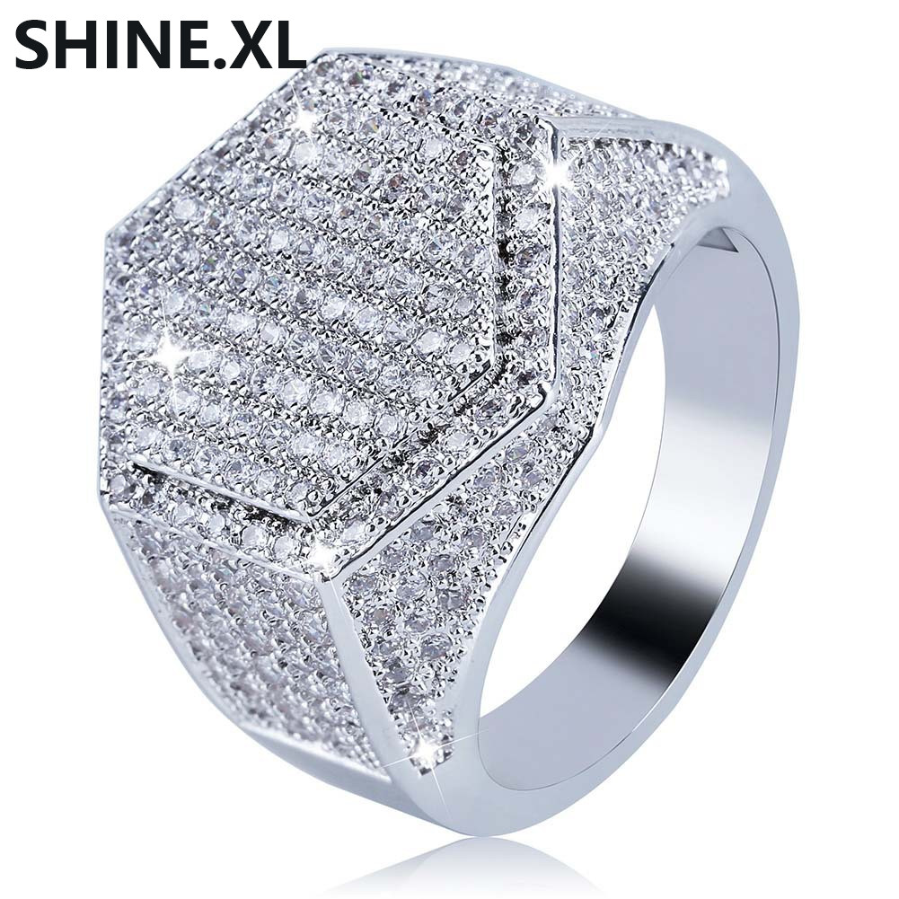 

Fashion Men Ring Copper Gold Silver Color Plated Full Iced Out Zircon Hexagonal Ring with 7,8,9,10,11 Size