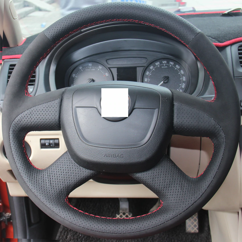 Black Genuine Leather Suede Car Steering Wheel Cover for Skoda Octavia Skoda Superb 2012 Skoda Fabia Octavia a5-image-430992072
