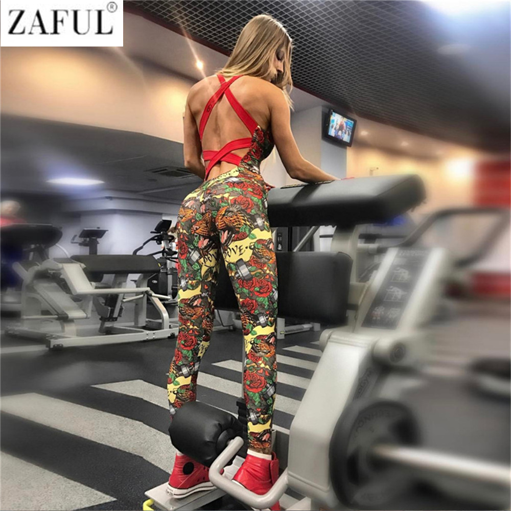 

ZAFUL One Piece Sexy Gym Clothing Suit Floral Print Backless Padded Yoga Set Fitness Running Tight Dance Sport Wear Gym Clothes, As pic