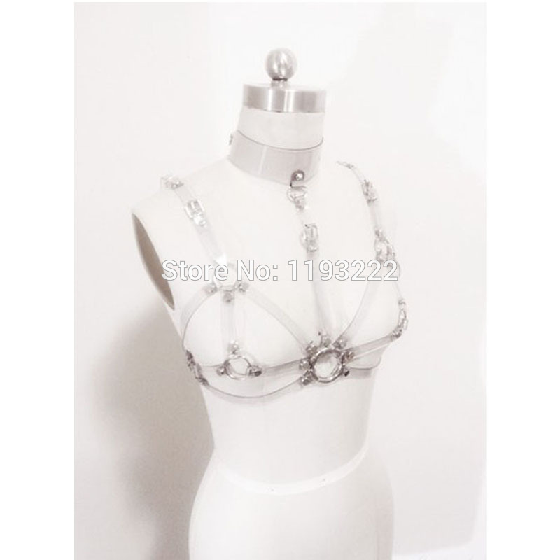 

Lolita Handcrafted Sexy Bra Chest Cage Sculpting Leather PVC Harness Body Bondage Halter Choker Belt, Clear