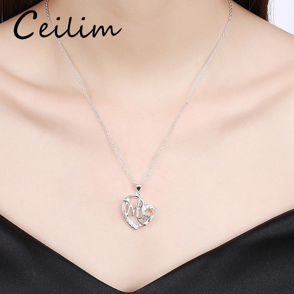 

2018 Fashion Jewelry Heart Zircon Gold Color Crystal Mother Mom Charm Pendant Long Chain Necklace For Women Christmas Gift Wholesale, Silver