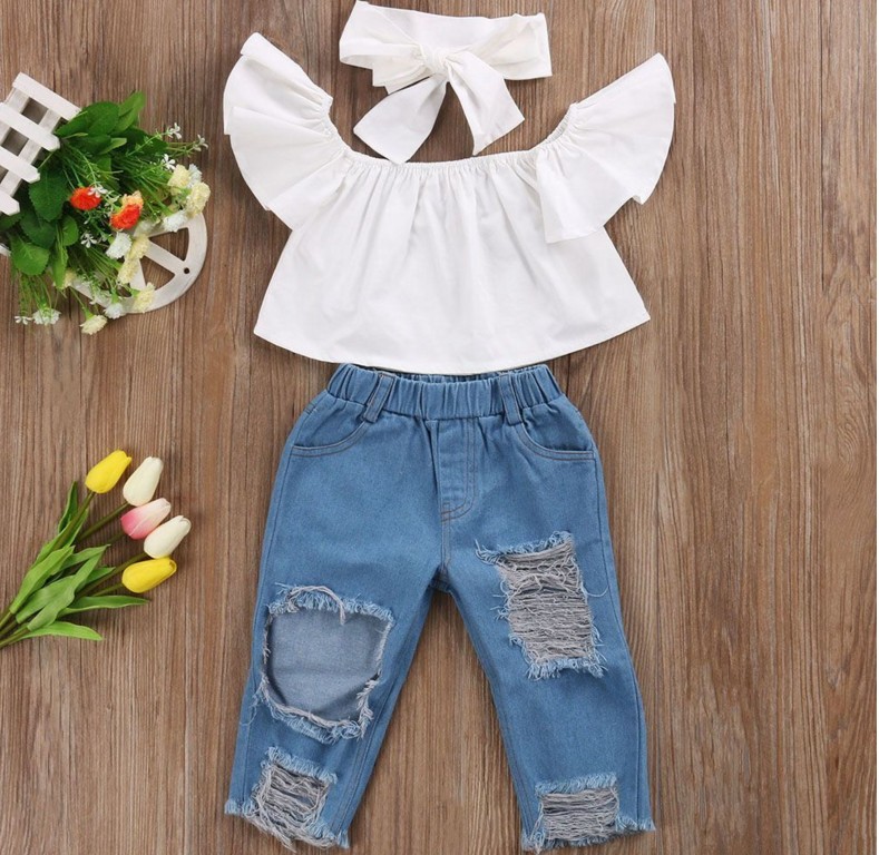 Mignon bébé filles nouvelle mode enfants filles vêtements hors épaule haut court blanc + trou Denim pantalon Jean + bandeau 3 pièces/ensemble