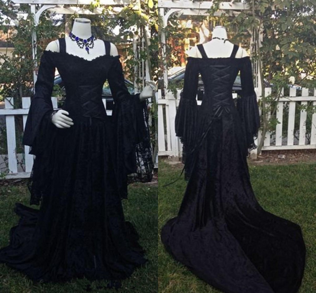 

Vintage Black Gothic Wedding Dresses 2018 Medieval Off the Shoulder Straps Long Sleeves cosplay Corset Bridal Gowns with Court Train, Red