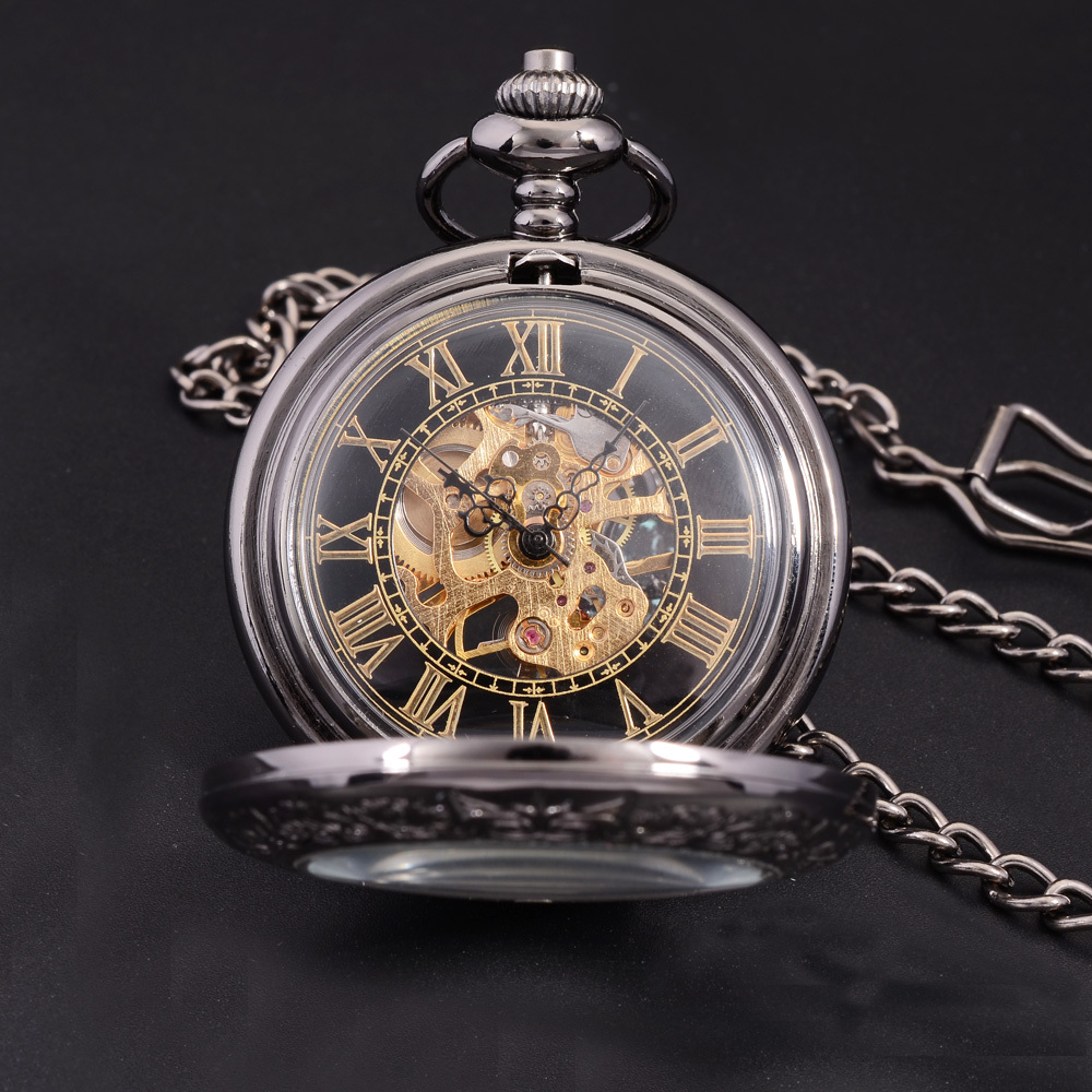 

Wholesale-Steampunk Fashion Antique Skeleton Mechanical Pocket Watch Men Chain Necklace Business Casual Pocket & Fob Watches Gold, As pic