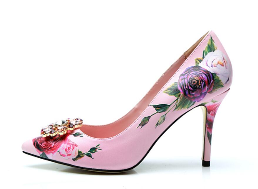 

2018 New arrival women pink high heels flower print pumps thin heel party shoes diamond button pumps point toe wedding dress shoes