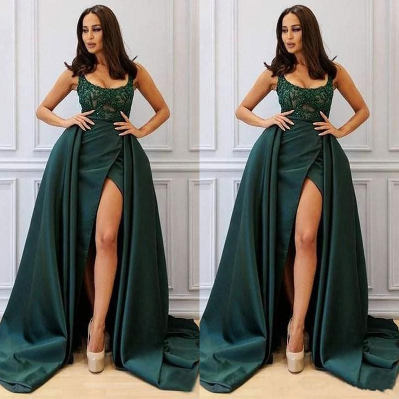 

Dark Green Prom Dress Removable Train Front Split Sexy Jewel Neckline Evening Gowns Robes De Soiree, Orange