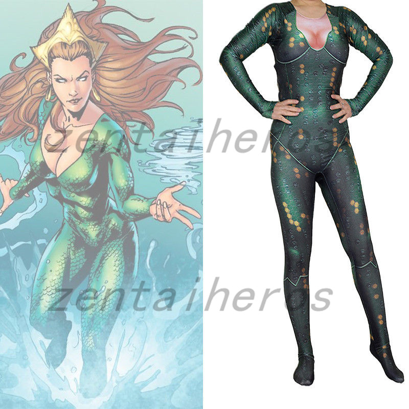 

Mera Aquaman Movie Version Printing Cosplay Costume Spandex Lycra Zentai Halloween Party suit, Green