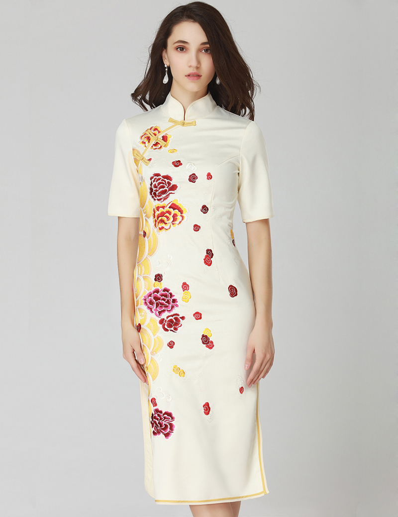 

Luxury Women Embroidery Sheath Dress Short Sleeve Split Party Vintage Dresses 12K605, As pictures