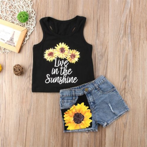 

Toddler Kid Baby Girl Summer Top T-shirt+ Sunflower Short Pants Outfit Clothes 2pcs Set, As pic