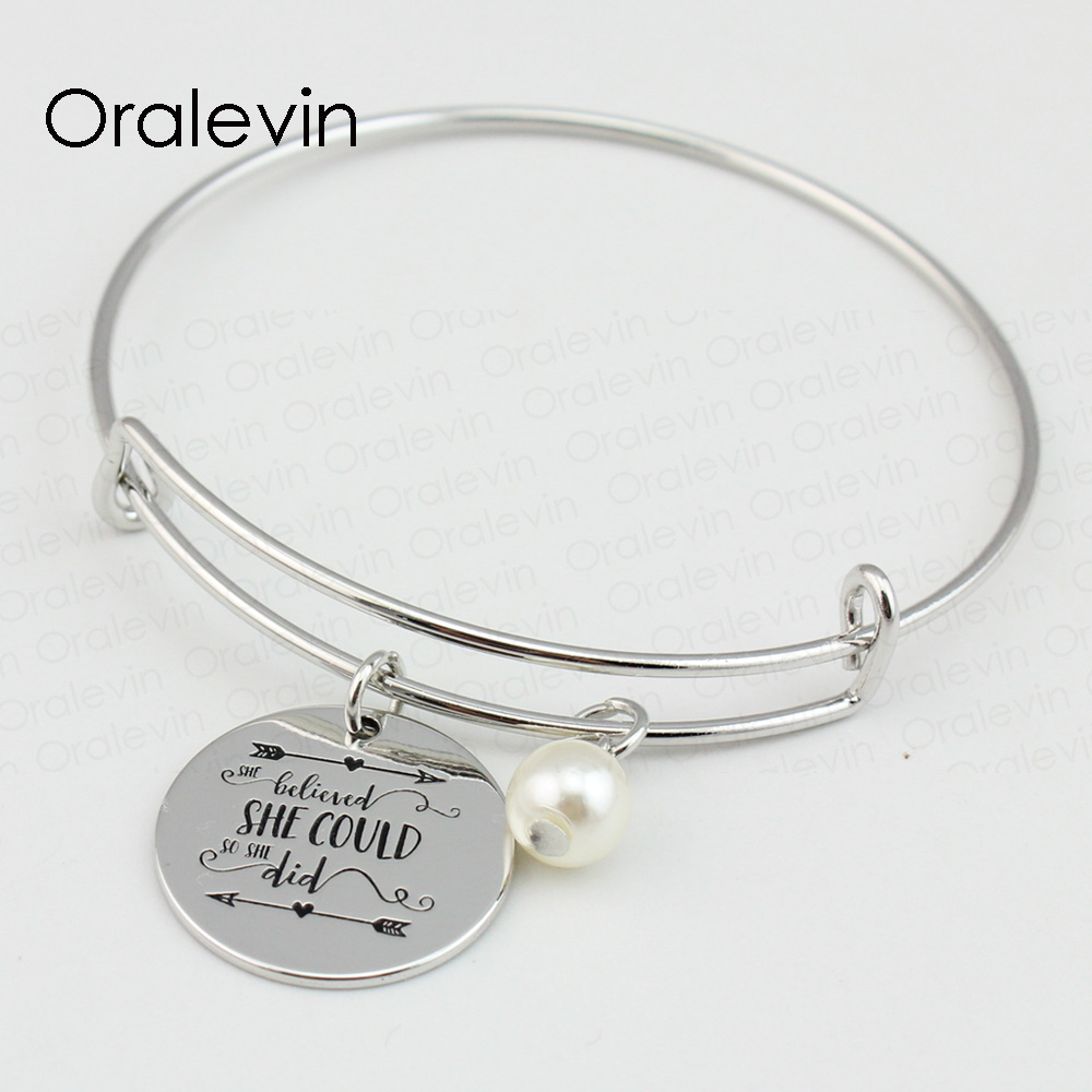 

SHE BELIEVED SHE COULD SO SHE DID Hand Stamped Engraved Pendant Charm Expandable Bracelet Bangle Metal Stamped Jewelry 10Pcs/Lot, #LN448B