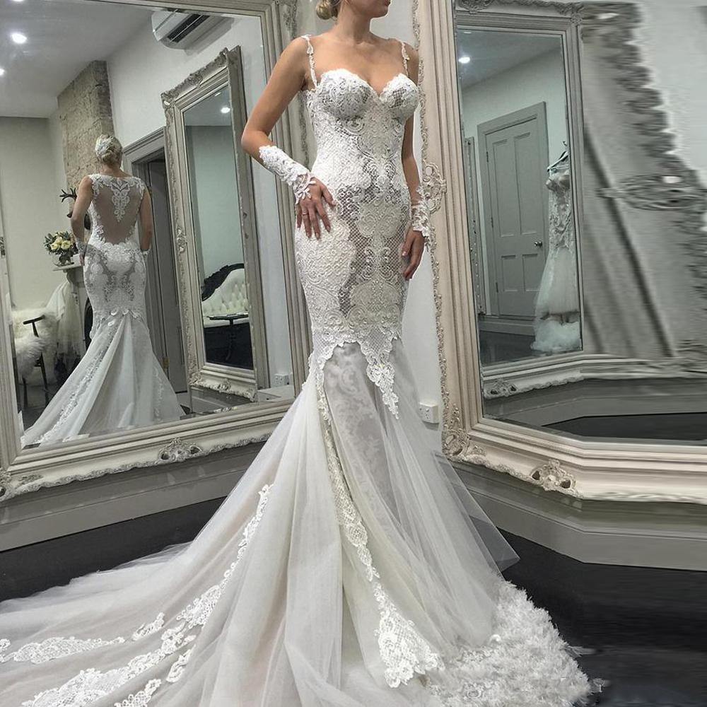

Stunning White Sheer Neck Mermaid Wedding Dresses with Sleeves Illusion Back Lace Appliques Chapel Bridal Gown Long Train Wedding Gown, Gold