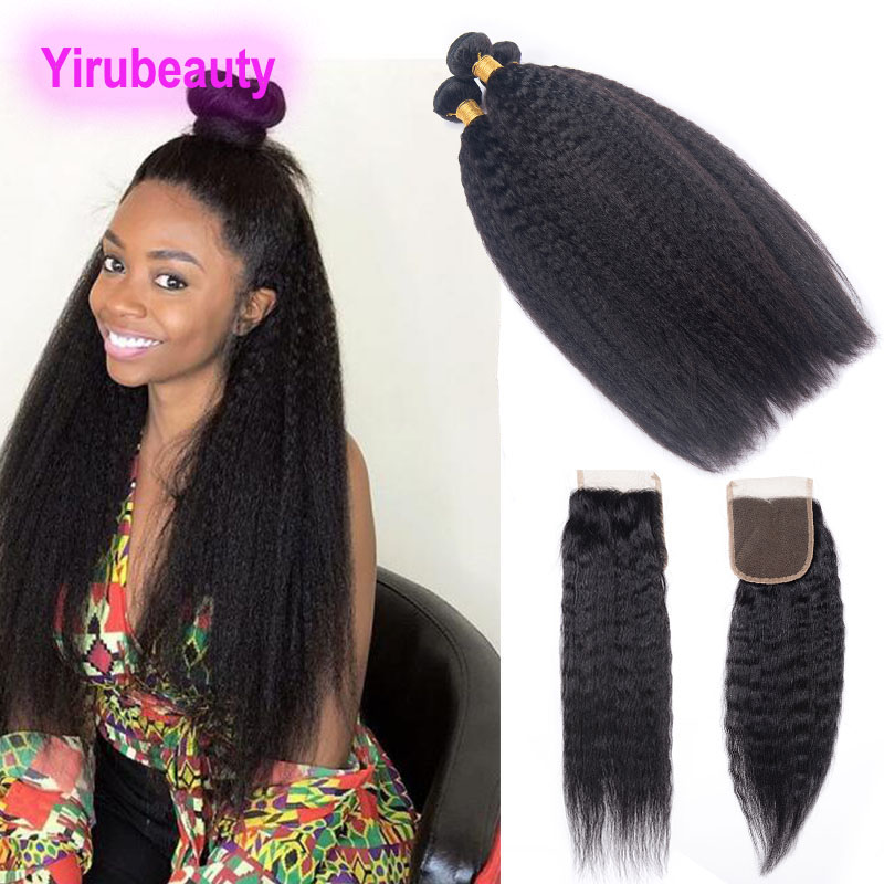 

Peruvian 3 Bundles With Lace Closure 4X4 Top Closure Kinky Straight Yaki Human Hair Yaki Straight 95-100g/piece Natural Color
