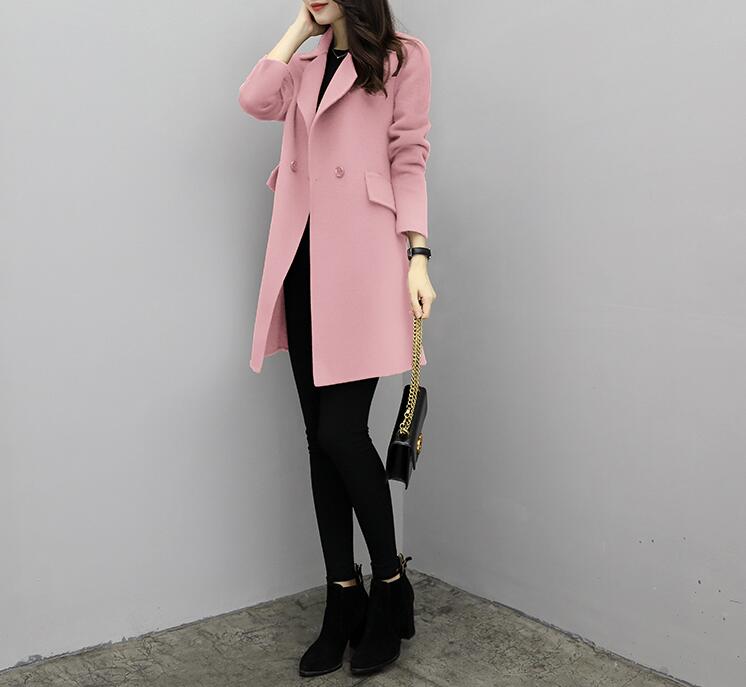 

New Hot Sale Woman Wool Coat High Quality Winter Jacket Women Slim Woolen Long Cashmere Coats Cardigan Jackets Elegant Blend, Pink