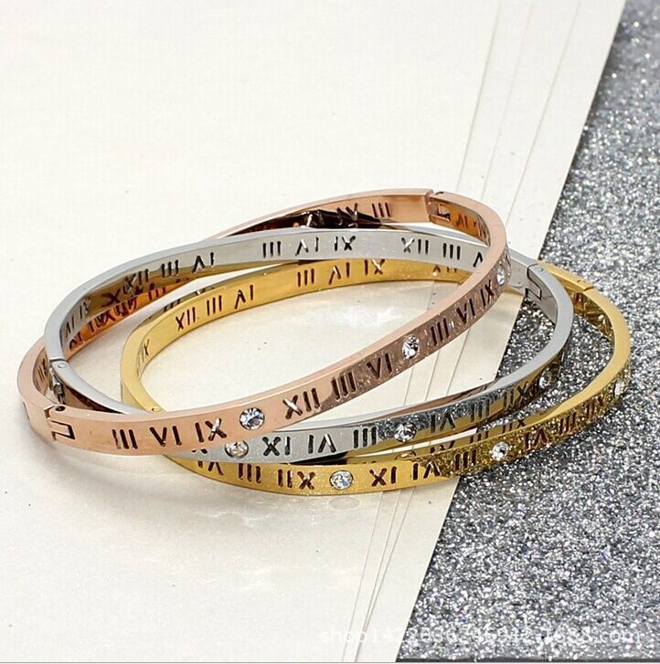 

New Fashion Stainless Steel Rose Gold Silver Men Women Couple Bracelet Carving Roman Numeral Lover Cuff Bracelet Bangle Wedding Jewelry gift, Black