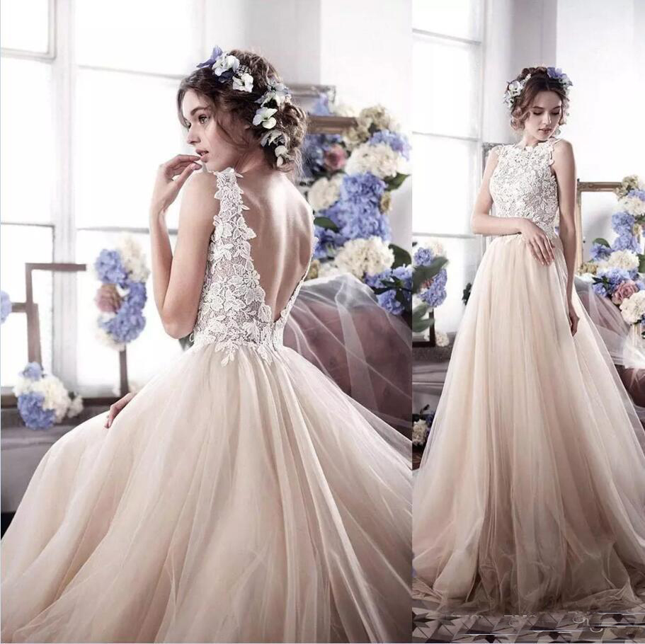 

Glamorous Champagne A Line Boho Wedding Gowns Backless Jewel Applique Tulle Garden Bridal Wedding Dress 2018, Black