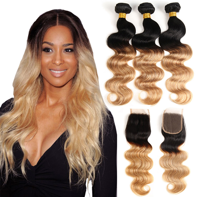 

Ombre Body Wave T1B/27# Dark Root Honey Blonde Human Hair Bundles with Lace Closure Colored Brazilian Hair Weave With Closure, Ombre color