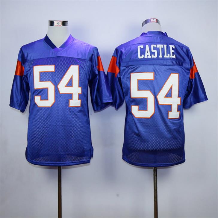 

Men's Alex Moran 7 Thad Castle 54 Mountain State BMS TV Show Goats Football Jersey White Blue Stiched Name & Number & Logos, 54 blue