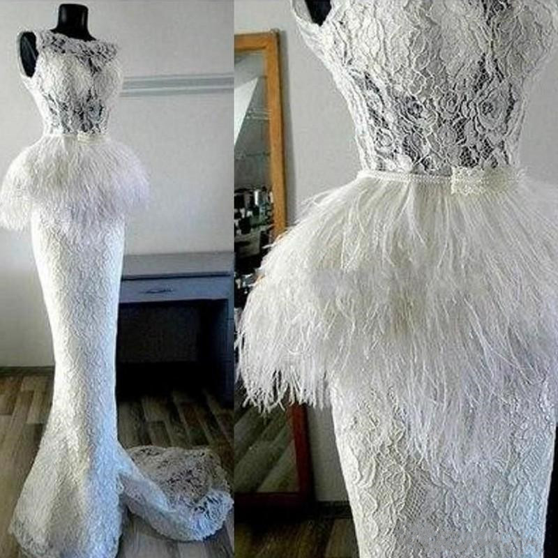 

Gorgeous Sexy Lace Wedding Dress See Through Peplum Feather Sweep Train Mermaid Wedding Dresses Bridal Gowns Robe De Mariee, Pink