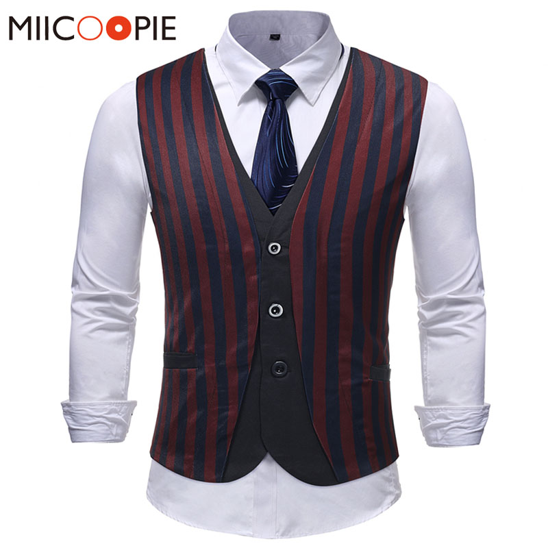 

Men Suit Vest Classic Striped Fake Two Piece Dress Slim Fit Wedding Waistcoat Mens Formal Sleeveless Vest Gilet Homme 5, M10