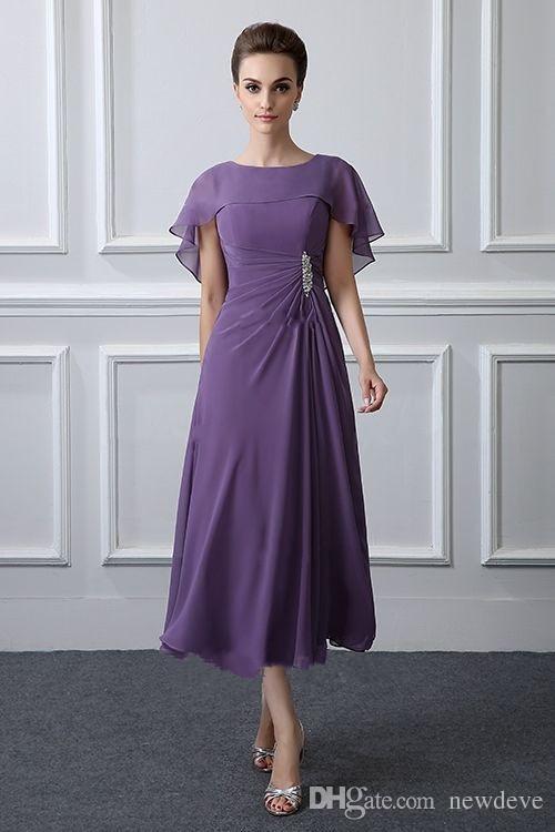 

Purple Tea Length Mother Of The Bride Dresses With Wraps Elegant A Line Chiffon Madre De Los Vestidos De Mother's Gowns Evening Formal Wear