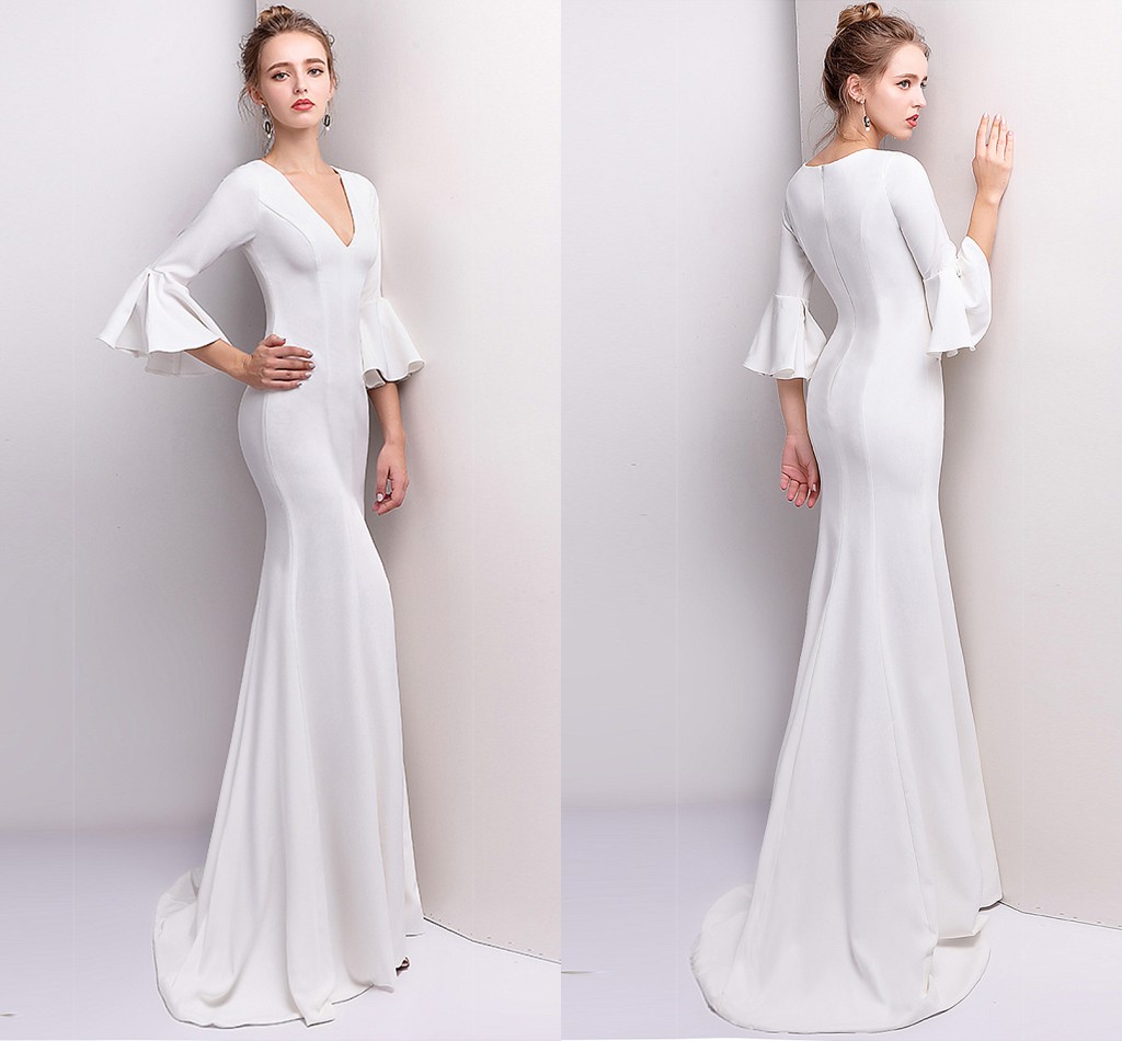 

2018 New Simple White/ Royal Blue Long Mermaid Evening Dress Cheap Price V-Neck Half Sleeves Prom Dresses Slim Party Dress Robe De Soiree, Black