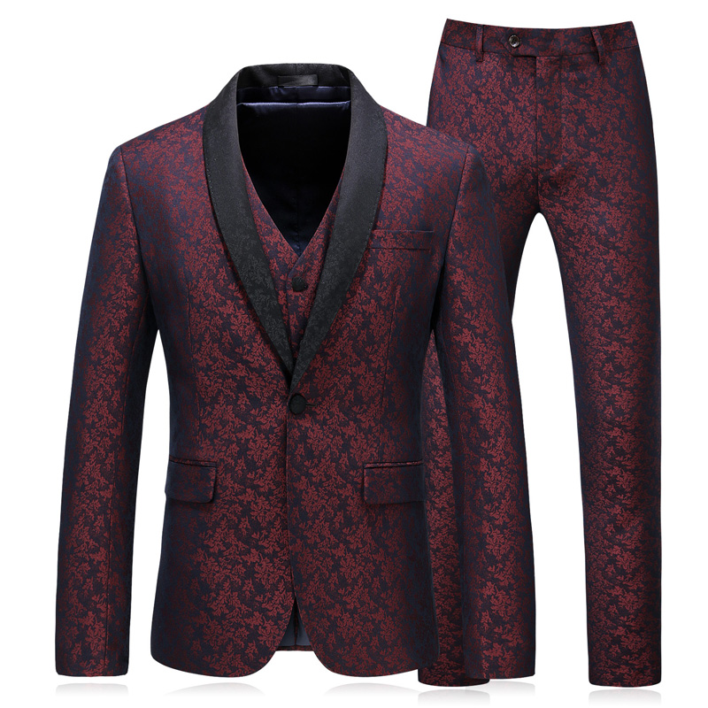 

2018 New Brand Fashion Men Suits Blazers Red printing Slim Fit Suit Formal Wedding Business Male Tuxedos Groom Prom Party Suit, Burgundy