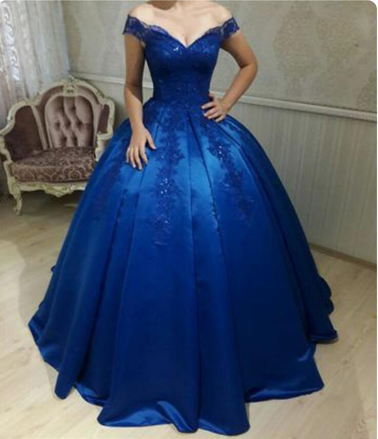 

Off the Shoulder Royal Blue Prom Dresses Satin with Lace Applique Sequins Lace-up Back Sweep Train quinceanera dresses, Dark green