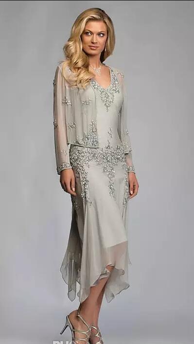 

Gorgeous Silver Grey Chiffon Appliques Lace Tea Length Mother Of The Bride Dresses With Jacket Suits Deep V-neck For Weddings