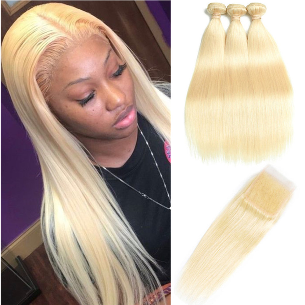 

Malaysian Virgin Straight Hair Extensions With Lace Closure 4x4 Blonde Color Silky Straight Hair 3Bundles With Lace Closure Pure Colored 613