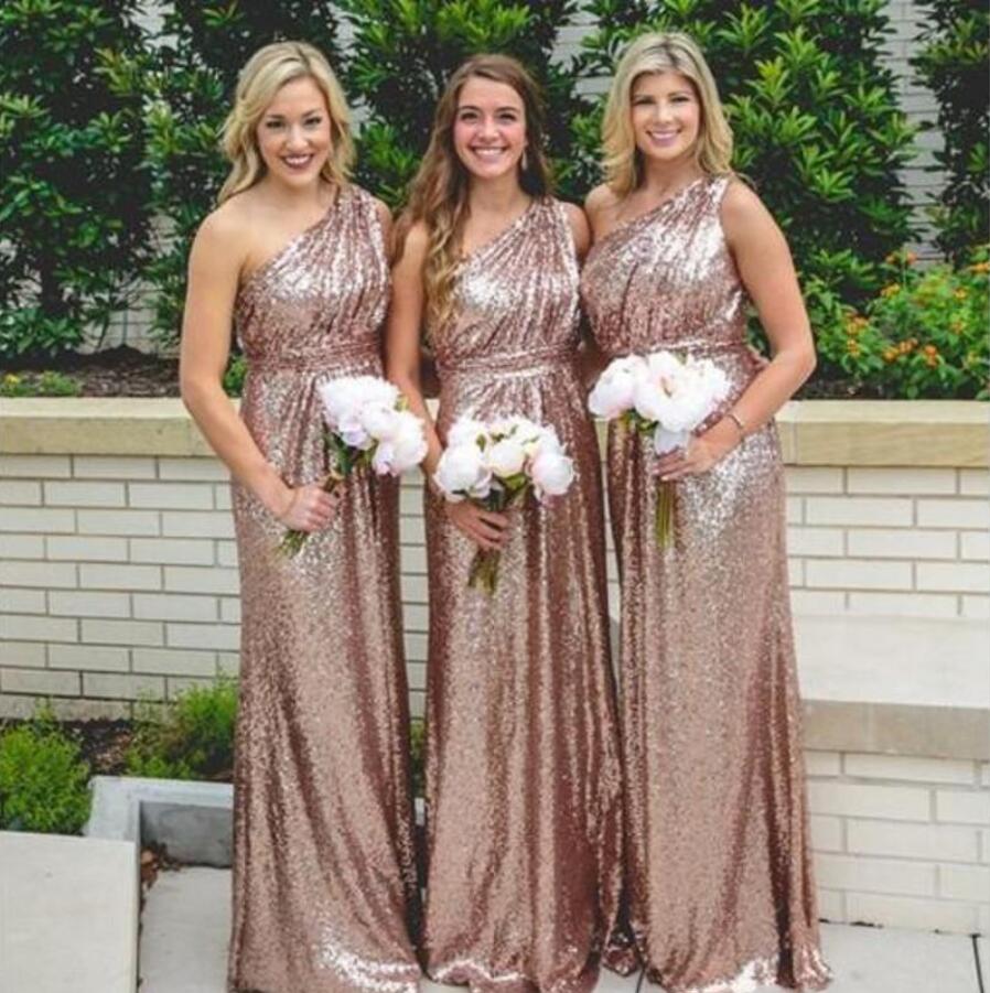 

NEW ARRIVAL One Shoulder Sequined Rose Gold Long Bridesmaid Dresses for Wedding Party Under 100, Same as image