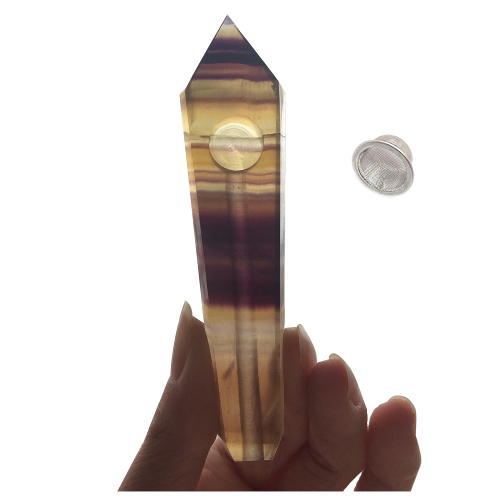 

Natural Fluorite Purple Quartz Smoking Pipe Crystal Stone Obelisk Wand Point Cigars Pipes With Metal Filter