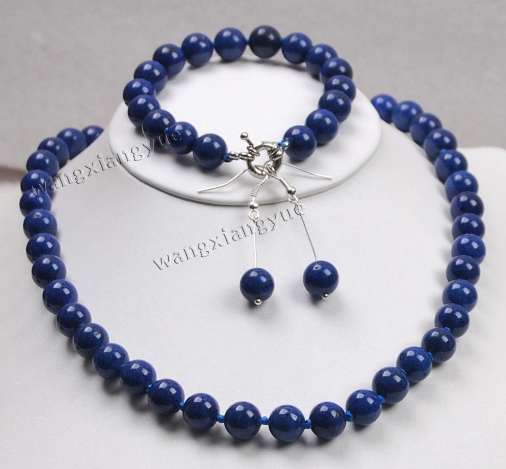 

10mm lapis lazuli Gemstones Round Beads necklace 18" bracelet 7.5" earrings Set, Dark blue