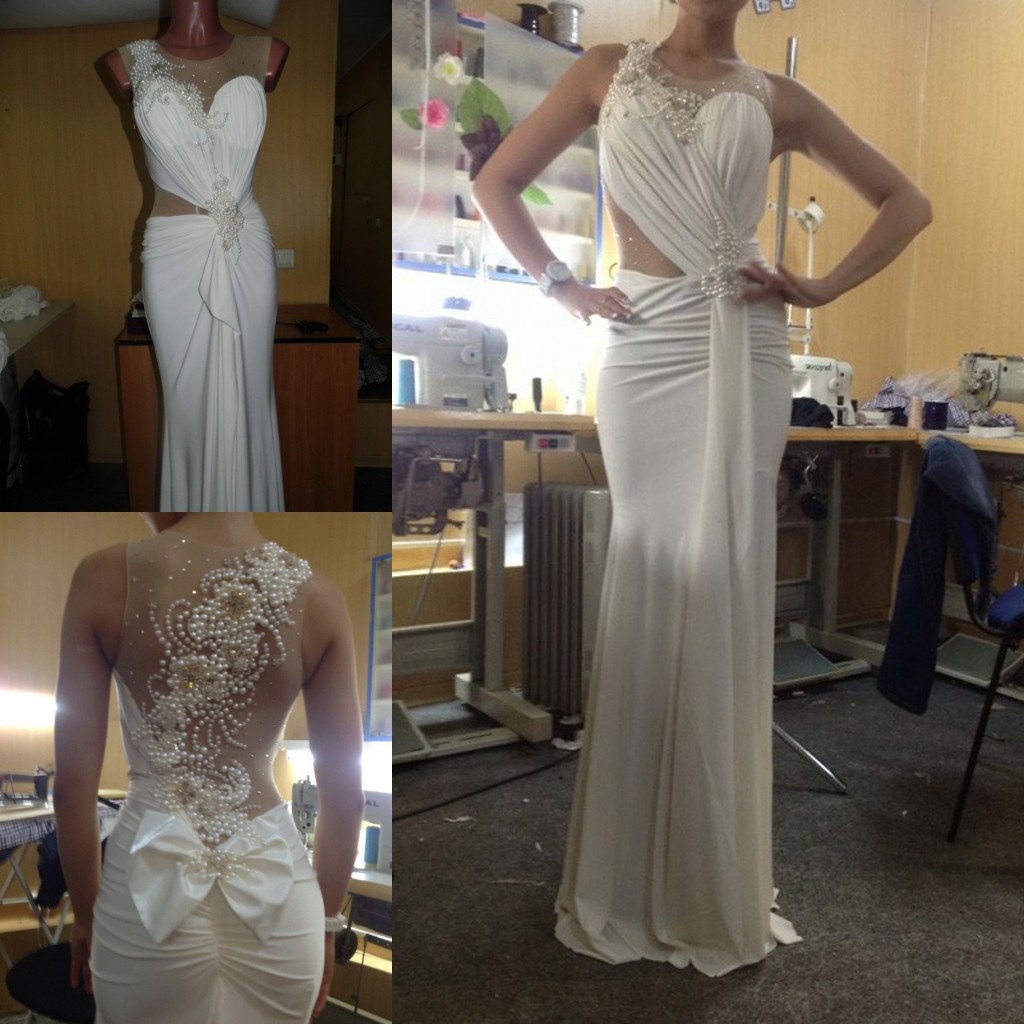 

Pageant Ivory Prom Dresses Long Pearls Ruched Mermaid Evening Dresses See Through Cut Out Waist Long Homecoming Gowns Party Dress USA, Yellow