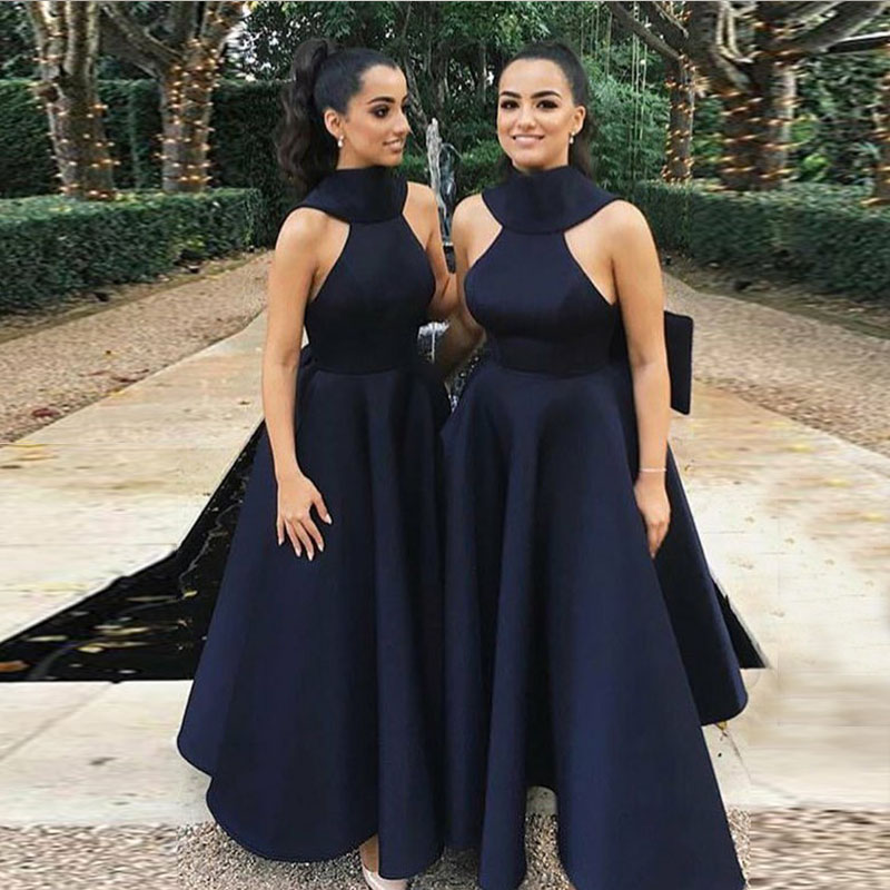 Navy Blue Satin Bridesmaid Dresses High Neck Ruffles Bow Floor Length Plus Size Elegant Wedding Guest Dresses Bridesmaid Gowns