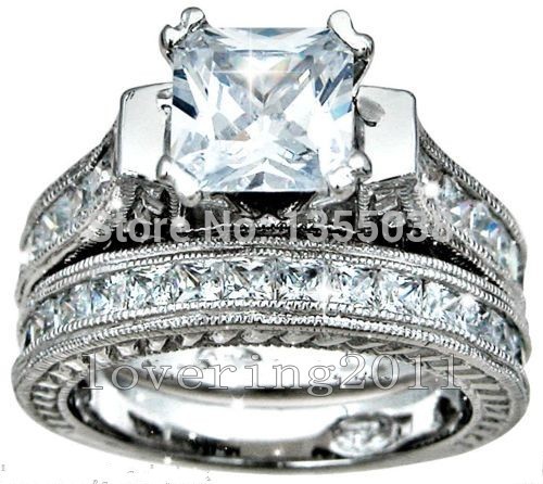 

Fashion Jewelry Antique 2ct princess cut 5A Zircon stone 14KT White Gold Filled 2-in-1 Engagement Wedding Ring Set Size 5-11