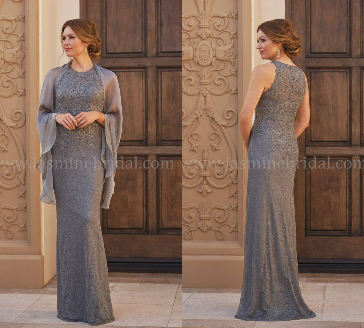 

Elegant Grey Mother Of The Bride Dresses With Jacket Lace Appliques Floor Length Chiffon Plus Size Mother Of The Groom Dress Evening Gowns