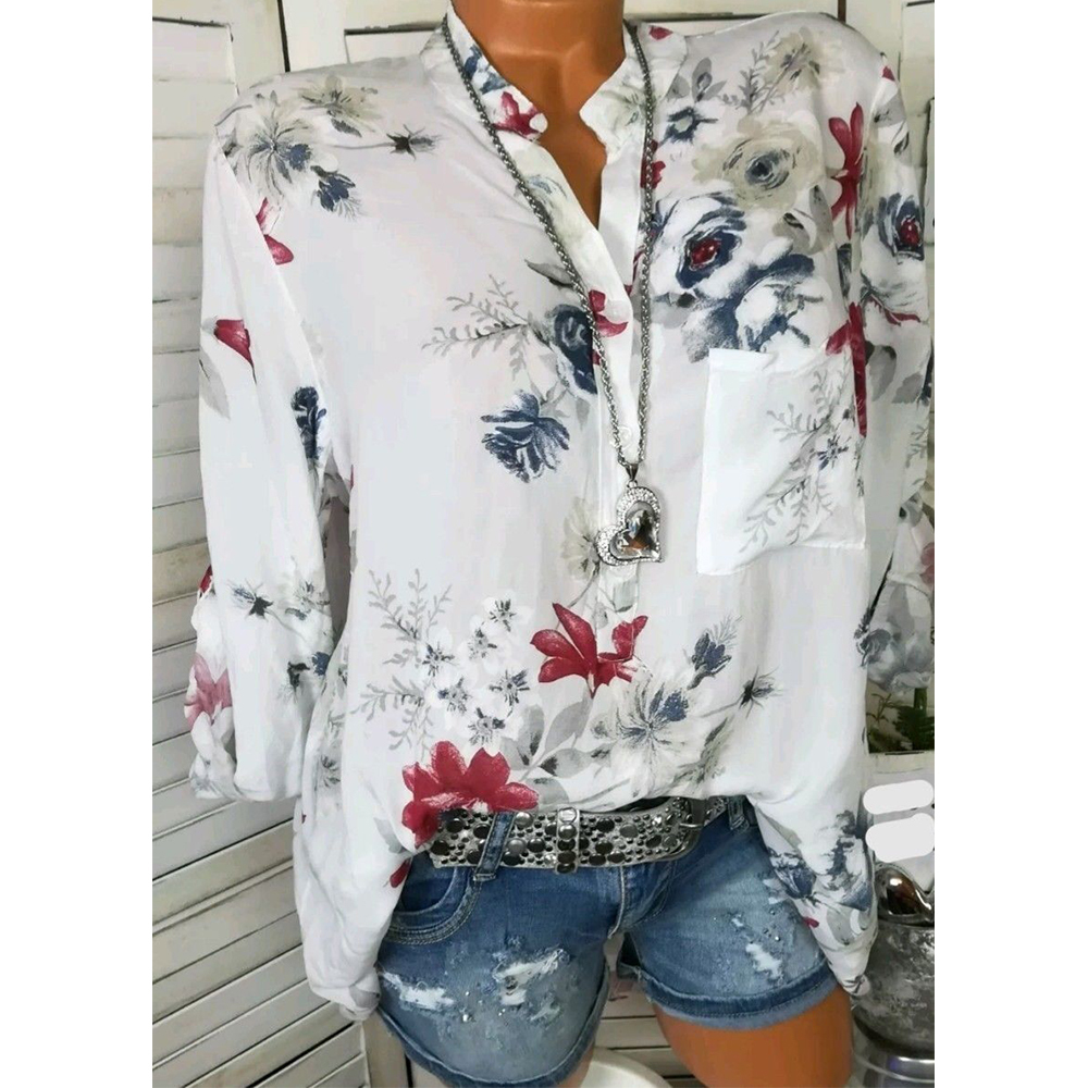 5XL Plus La Taille Tops Fleur Imprimé Col En V À Manches Longues Femmes Tops Et Blouses Été Automne Poches Boutons Chemise Blusa Dames D18103104