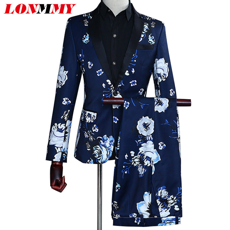 

LONMMY Wedding men blazer slim fit Tide Navy Blue Floral Print Fashion Casual Suits mens 2 pieces/sets Jacket +Pants Designs, Blue flowers